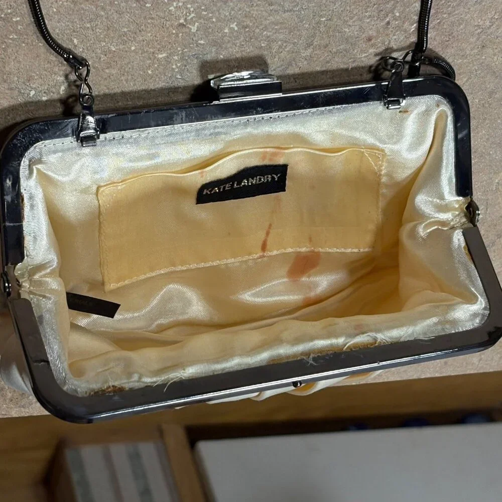 Vintage Kate Landry Pleated Satin Clutch Silver Chain Strap & Rhinestone Clasp - Picture 13 of 16